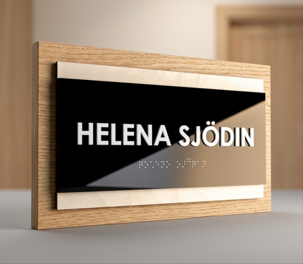 Elegant namnskylt i metall på modern lägenhetsdörr